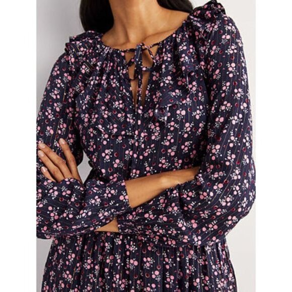 Boden Metallic Frill Detail Dress Navy Berry Sprig Size 16/18L NWT - Picture 2 of 9